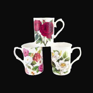 Set of 3 Rose Themed Bone China Mugs - Roy Kirkham & Gracie China - England